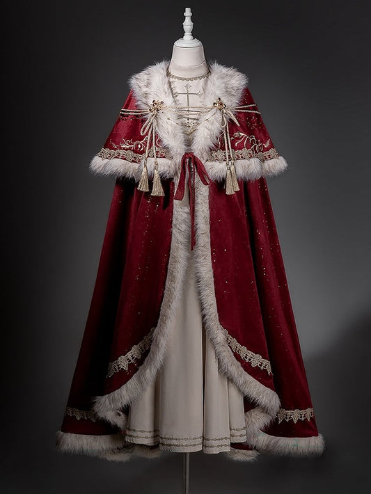 Beige Juliette Sleeve Nun Lolita Dress + Shimmer Red Embroidered Royal Cloak + Matching Rope Accessory