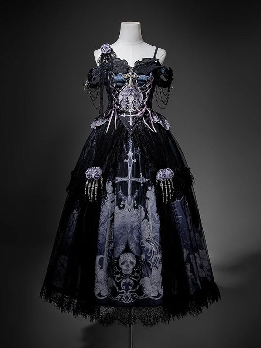 Black & Purple Gothic Lolita Ensemble with Skull Print, Lace Trim & Skeleton Hand Details