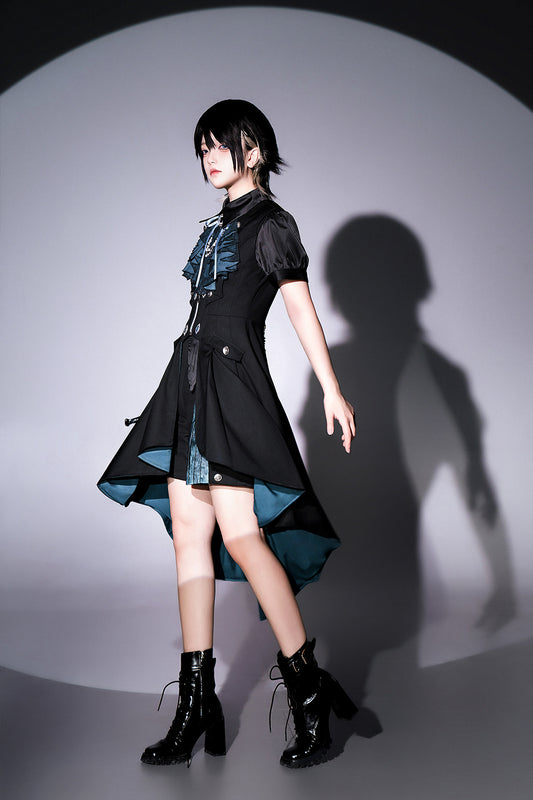Black and Blue Prince Ouji Lolita Full Set - Black Short Sleeves Shirt + Long Waistcoat + Shorts + Jabot Tie