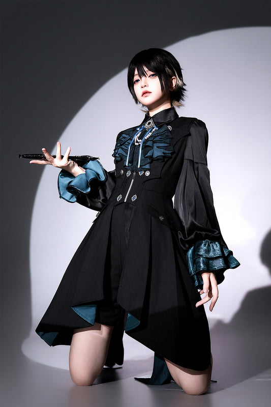 Black and Blue Prince Ouji Lolita Full Set - Long Sleeves Shirt + Long Waistcoat + Shorts + Jabot Tie