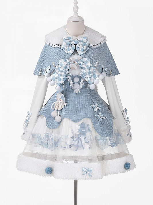 Blue & White Sweet Winter Lolita Set - Snowman Print JSK Dress + Tweed Cape + Knitted Top