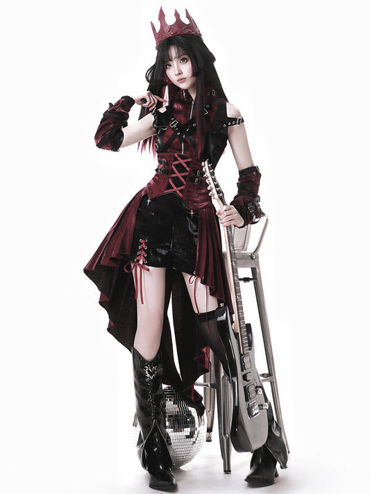 Black & Red Punk Idol Lolita Full Set – Sleeveless Top + High-low Skirt + Shorts + Arm Sleeves