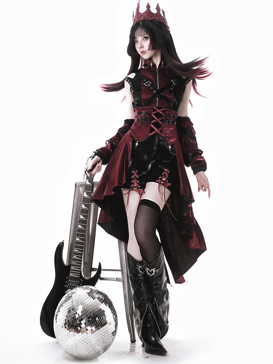 Black & Red Punk Idol Lolita Full Set – Sleeveless Top + High-low Skirt + Shorts + Arm Sleeves