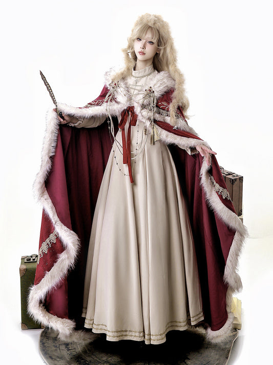 Beige Juliette Sleeve Nun Lolita Dress + Shimmer Red Embroidered Royal Cloak + Matching Rope Accessory