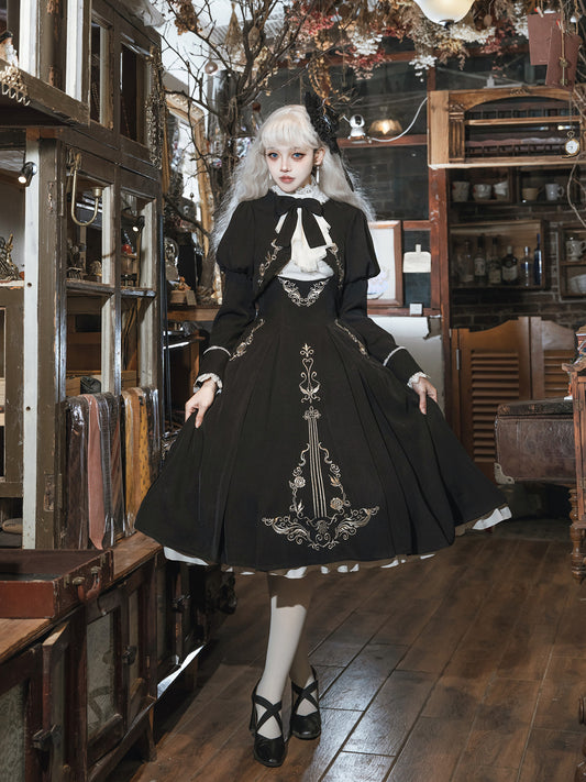 Black Elegant Lolita High Waist Overall Skirt + Jabot Collar Shirt + Juliette Sleeves Cropped Top