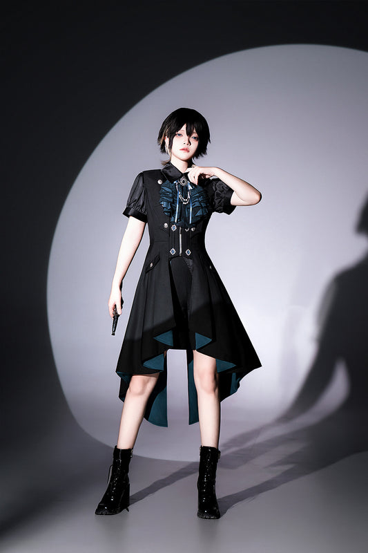 Black and Blue Prince Ouji Lolita Full Set - Black Short Sleeves Shirt + Long Waistcoat + Shorts + Jabot Tie