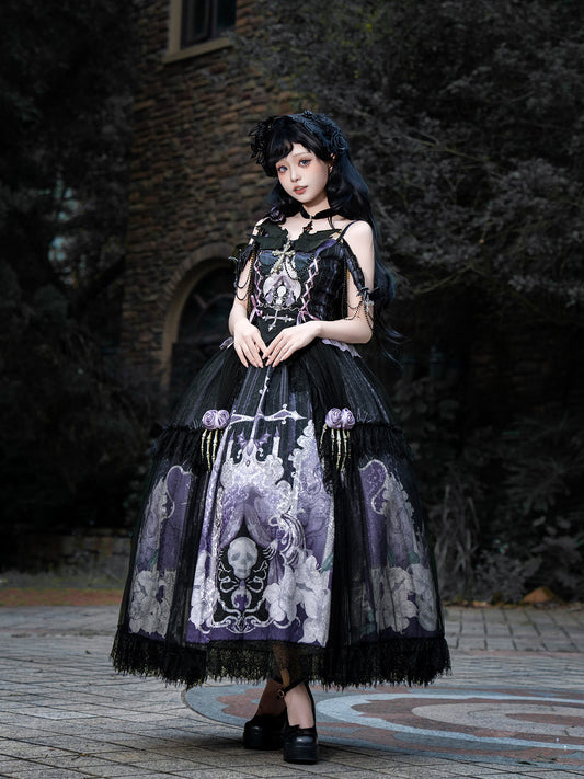 Black & Purple Gothic Lolita Ensemble with Skull Print, Lace Trim & Skeleton Hand Details