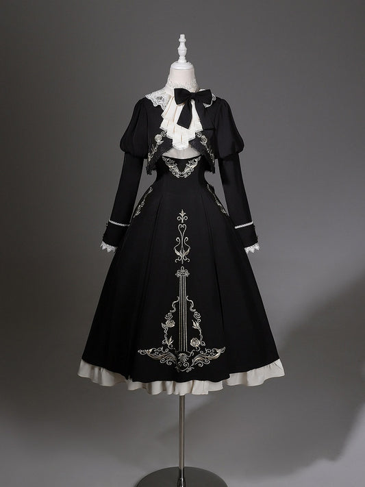 Black Elegant Lolita High Waist Overall Skirt + Jabot Collar Shirt + Juliette Sleeves Cropped Top