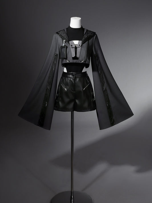 3 Pieces Ouji Lolita Outfit -Overlong Sleeve Cropped Jacket + Bodysuit + Leather Shorts