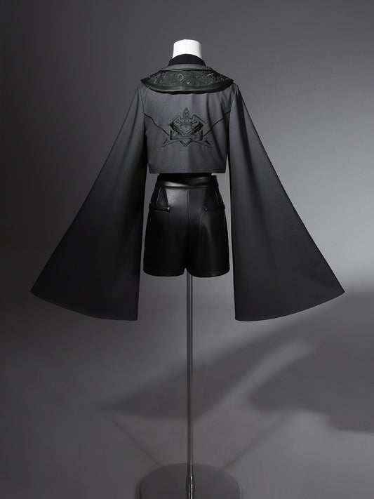 3 Pieces Ouji Lolita Outfit -Overlong Sleeve Cropped Jacket + Bodysuit + Leather Shorts